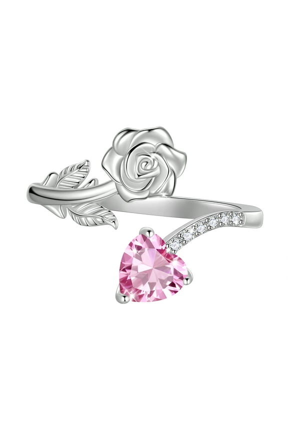 Rose Heart Birthstone Ring,925 Sterling Silver Adjustable Open Heart Rings Jewelry Gifts for Women Mom -October