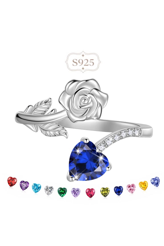 Rose Heart Birthstone Ring,925 Sterling Silver Adjustable Open Heart Rings Jewelry Gifts for Women Mom -September