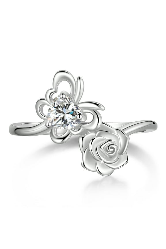 Rose Heart Birthstone Ring,925 Sterling Silver April Diamond Butterfly Birthstone Adjustable Open Rings Birthday Christmas Valentines Mothers Day Jewelry Gifts for Women Mom