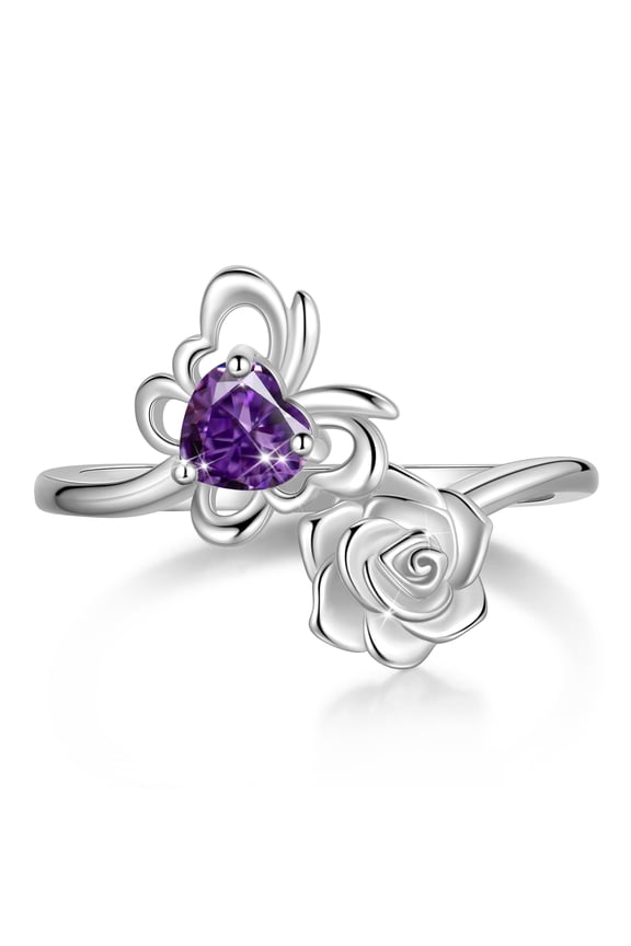 Rose Heart Birthstone Ring,925 Sterling Silver February Amethyst Butterfly Birthstone Adjustable Open Rings Birthday Christmas Valentines Mothers Day Jewelry Gifts for Women Mom