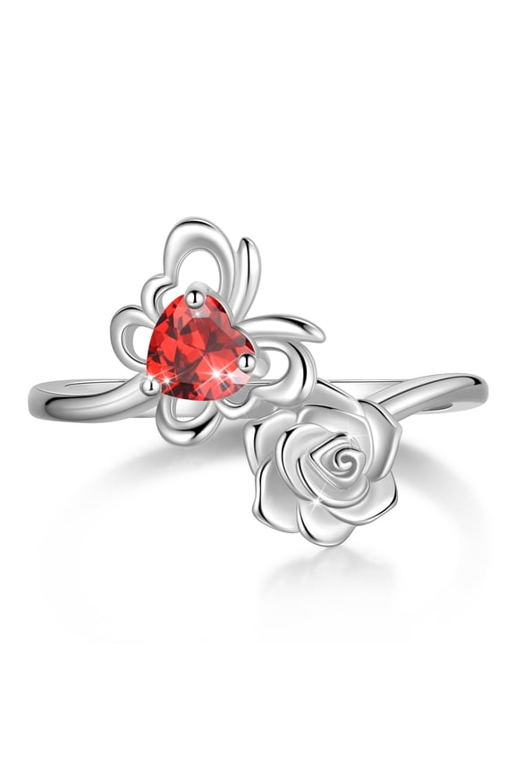 Rose Heart Birthstone Ring,925 Sterling Silver January Garnet Butterfly Birthstone Adjustable Open Rings Birthday Christmas Valentines Mothers Day Jewelry Gifts for Women Mom