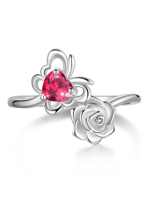 Rose Heart Birthstone Ring,925 Sterling Silver July Ruby Butterfly Birthstone Adjustable Open Rings Birthday Christmas Valentines Mothers Day Jewelry Gifts for Women Mom
