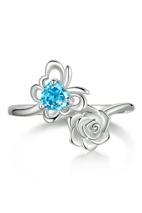 Rose Heart Birthstone Ring,925 Sterling Silver March Aquamarine Butterfly Birthstone Adjustable Open Rings Birthday Christmas Valentines Mothers Day Jewelry Gifts for Women Mom