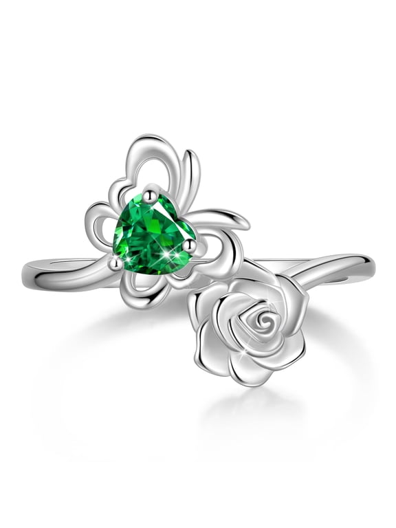 Rose Heart Birthstone Ring,925 Sterling Silver May Emerald Butterfly Birthstone Adjustable Open Rings Birthday Christmas Mothers Day Jewelry Gifts for Women Mom
