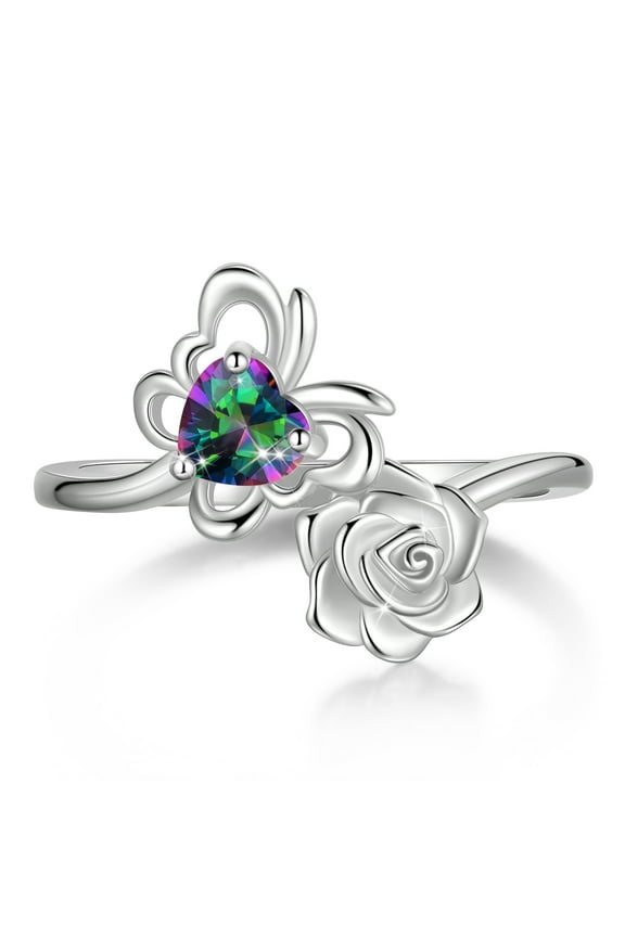 Rose Heart Birthstone Ring,925 Sterling Silver Mystic Topaz Multi-color Butterfly Birthstone Adjustable Open Rings Birthday Christmas Valentines Mothers Day Jewelry Gifts for Women Mom