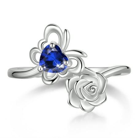 Beautlace Rose Heart Birthstone Ring,925 Sterling Silver September Sapphire Butterfly Birthstone Adjustable Open Rings Birthday Christmas Valentines Mothers Day Jewelry Gifts for Women Mom