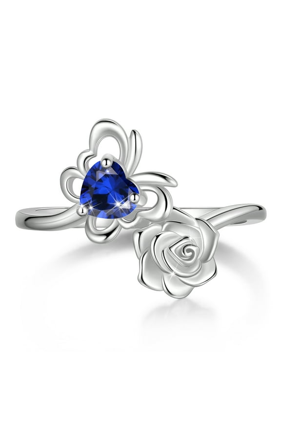 Rose Heart Birthstone Ring,925 Sterling Silver September Sapphire Butterfly Birthstone Adjustable Open Rings Birthday Christmas Valentines Mothers Day Jewelry Gifts for Women Mom