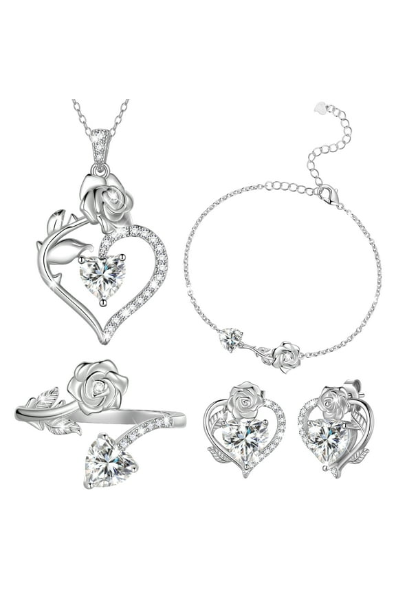 Rose Heart Jewelry Set,April Birthstone Rose Flower Heart Necklace/Earrings/Ring/Bracelet Set 925 Sterling Silver Jewelry Birthday Christmas Valentines Mother's Day Gifts for Women Mom