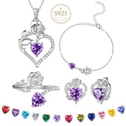 Beautlace Rose Heart Jewelry Set,February Birthstone Rose Flower Heart Necklace/Earrings/Ring/Bracelet Set 925 Sterling Silver Jewelry Birthday Christmas Valentines Mothers Day Gifts for Women Mom