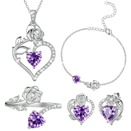 Beautlace Rose Heart Jewelry Set,February Birthstone Rose Flower Heart Necklace/Earrings/Ring/Bracelet Set 925 Sterling Silver Jewelry Birthday Christmas Valentines Mother's Day Gifts for Women Mom