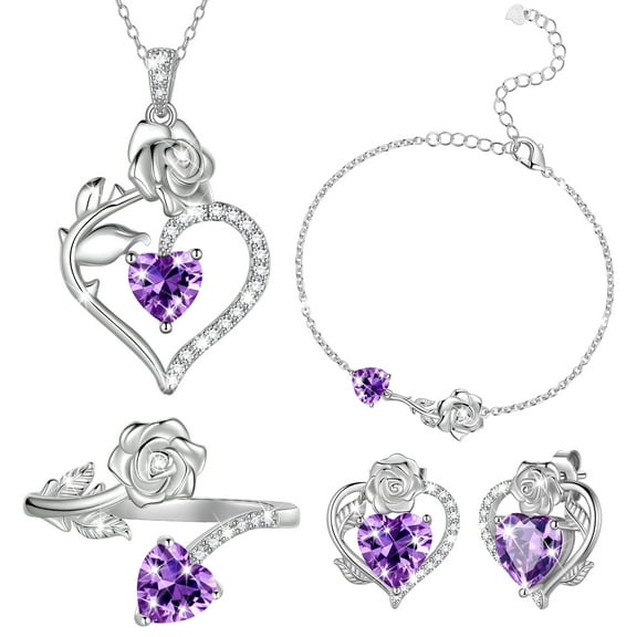 Beautlace Rose Heart Jewelry Set,February Birthstone Rose Flower Heart Necklace/Earrings/Ring/Bracelet Set 925 Sterling Silver Jewelry Birthday Christmas Valentines Mother's Day Gifts for Women Mom