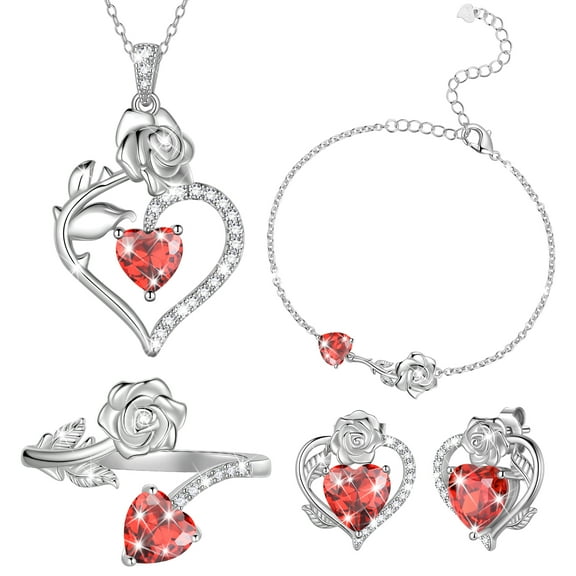 Beautlace Rose Heart Jewelry Set,January Birthstone Rose Flower Heart Necklace/Earrings/Ring/Bracelet Set 925 Sterling Silver Jewelry Birthday Christmas Valentines Mother's Day Gifts for Women Mom