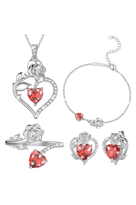 Rose Heart Jewelry Set,January Birthstone Rose Flower Heart Necklace/Earrings/Ring/Bracelet Set 925 Sterling Silver Jewelry Birthday Christmas Valentines Mother's Day Gifts for Women Mom