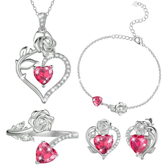 Beautlace Rose Heart Jewelry Set,July Birthstone Rose Flower Heart Necklace/Earrings/Ring/Bracelet Set 925 Sterling Silver Jewelry Birthday Christmas Valentines Mother's Day Gifts for Women Mom