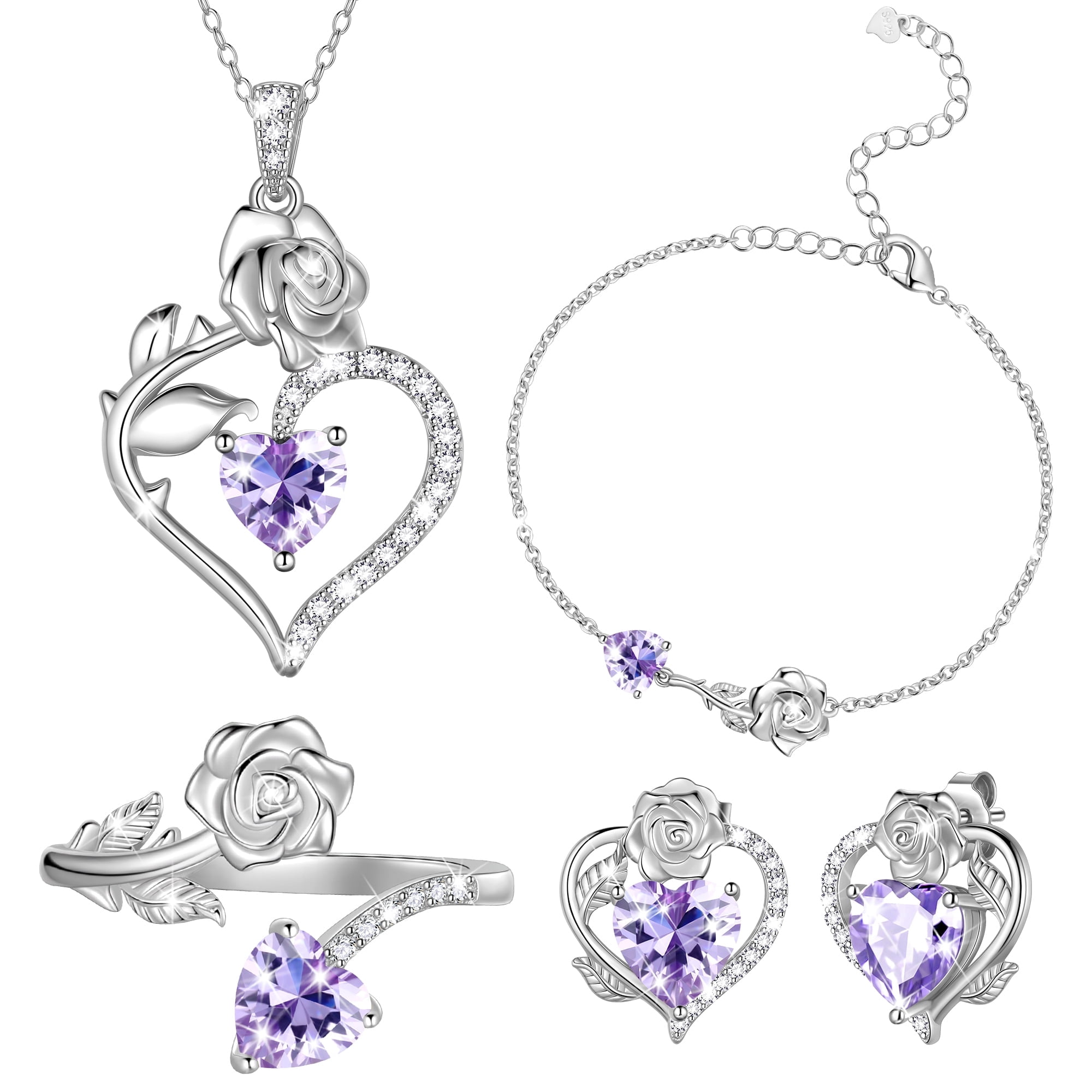 Beautlace Rose Heart Birthstone Jewelry Set, 925 Sterling Silver ...