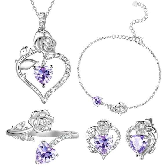 Beautlace Rose Heart Jewelry Set,June Birthstone Rose Flower Heart Necklace/Earrings/Ring/Bracelet Set 925 Sterling Silver Jewelry Birthday Christmas Valentines Mother's Day Gifts for Women Mom