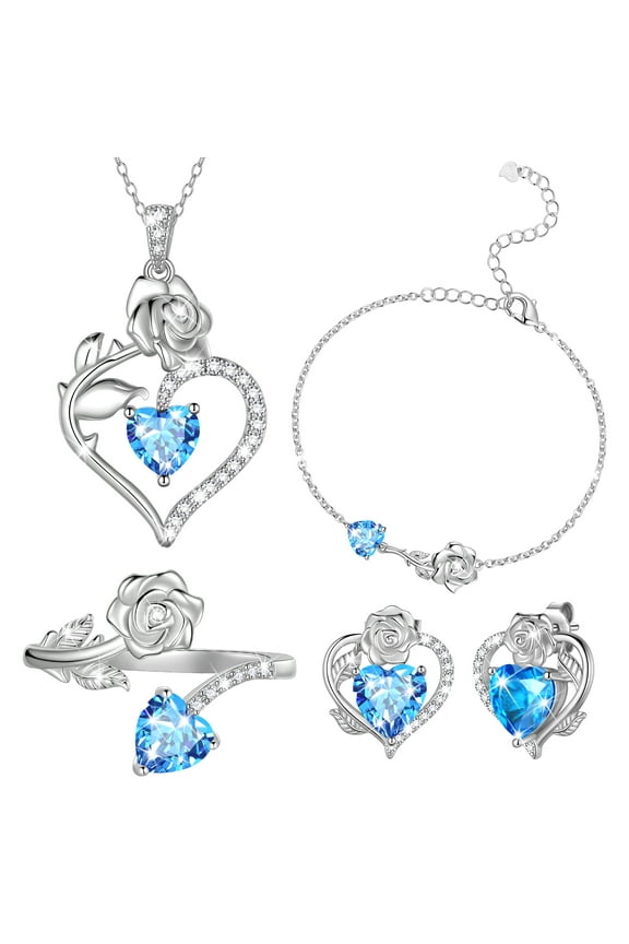 Rose Heart Jewelry Set,March Birthstone Rose Flower Heart Necklace/Earrings/Ring/Bracelet Set 925 Sterling Silver Jewelry Birthday Christmas Valentines Mother's Day Gifts for Women Mom