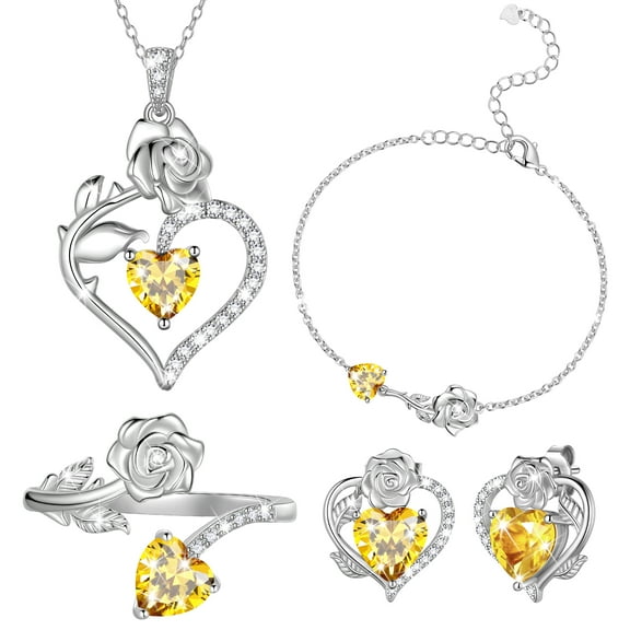 Beautlace Rose Heart Jewelry Set,November Birthstone Rose Flower Heart Necklace/Earrings/Ring/Bracelet Set 925 Sterling Silver Jewelry Birthday Christmas Valentines Mother's Day Gifts for Women Mom
