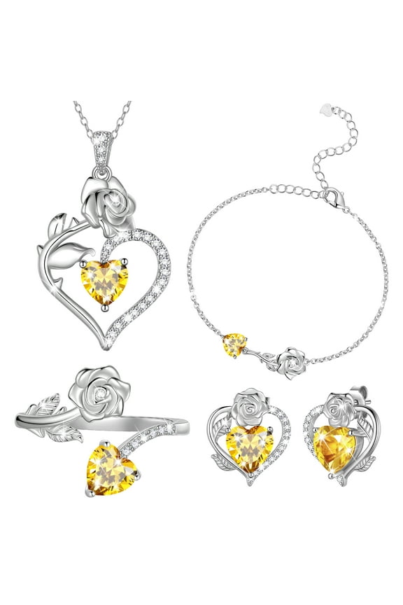 Rose Heart Jewelry Set,November Birthstone Rose Flower Heart Necklace/Earrings/Ring/Bracelet Set 925 Sterling Silver Jewelry Birthday Christmas Valentines Mother's Day Gifts for Women Mom