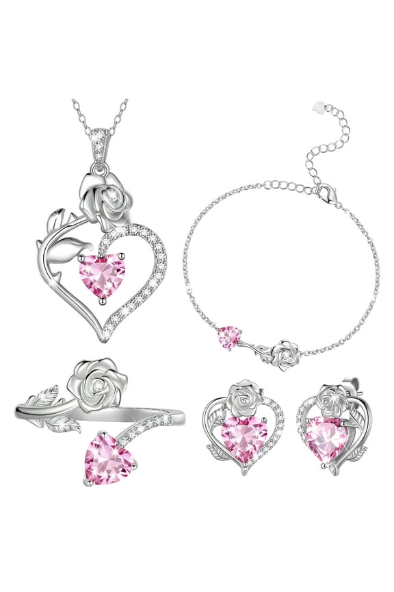 Rose Heart Jewelry Set,October Birthstone Rose Flower Heart Necklace/Earrings/Ring/Bracelet Set 925 Sterling Silver Jewelry Birthday Christmas Valentines Mother's Day Gifts for Women Mom