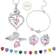 Beautlace Rose Heart Jewelry Set,October Birthstone Rose Flower Heart Necklace/Earrings/Ring/Bracelet Set 925 Sterling Silver Jewelry Birthday Christmas Valentines Mothers Day Gifts for Women Mom
