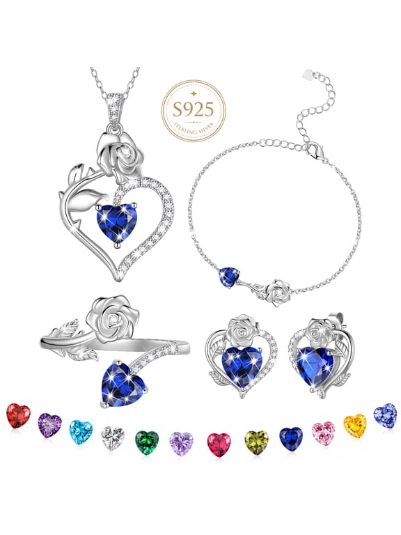 Rose Heart Jewelry Set,September Birthstone Rose Flower Heart Necklace/Earrings/Ring/Bracelet Set 925 Sterling Silver Jewelry Birthday Christmas Valentines Mother's Day Gifts for Women Mom