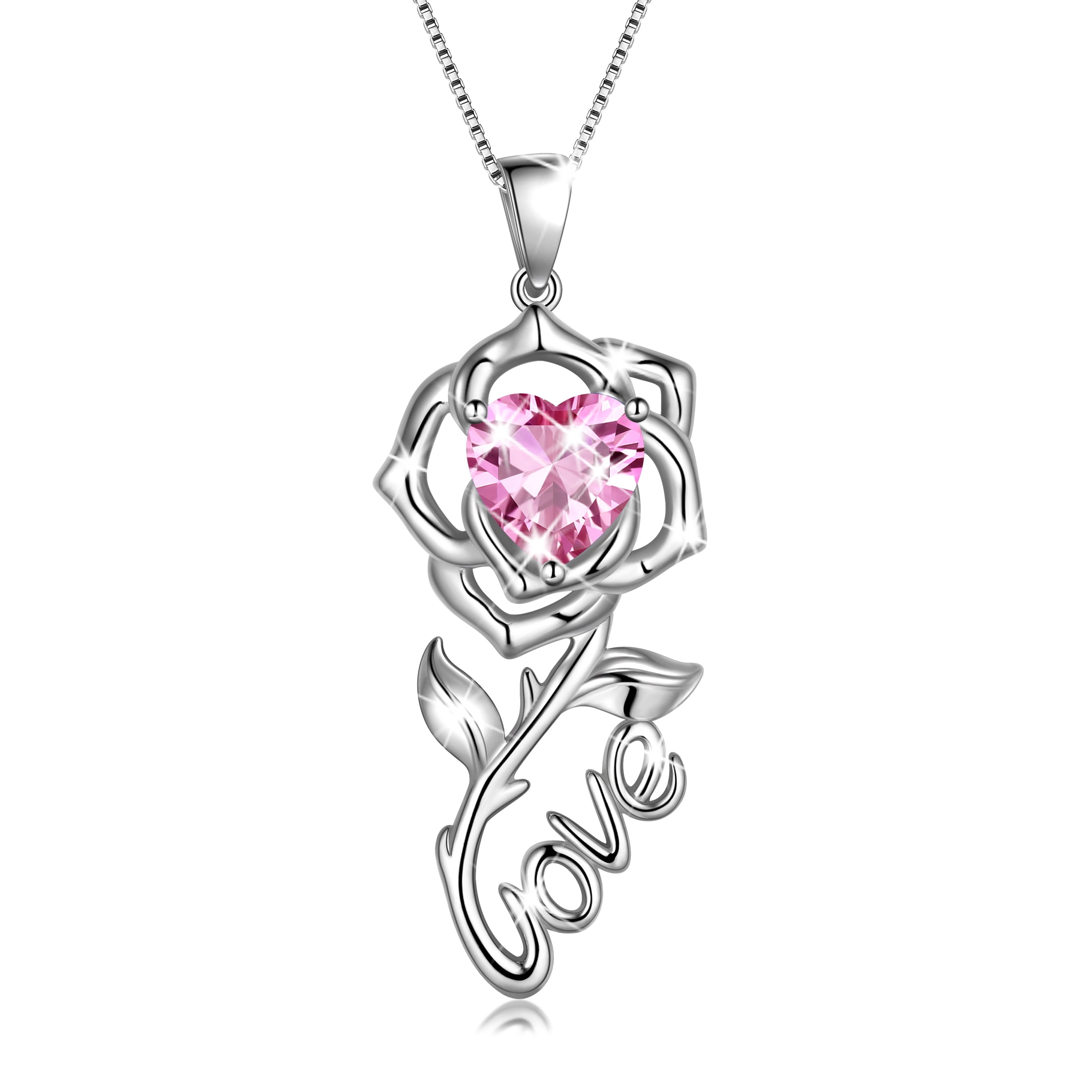 Beautlace Rose Love Necklace,925 Sterling Silver Birthstone Pendant Necklace Jewelry Birthday Christmas Valentines Mother's Day Gifts for Women Mom