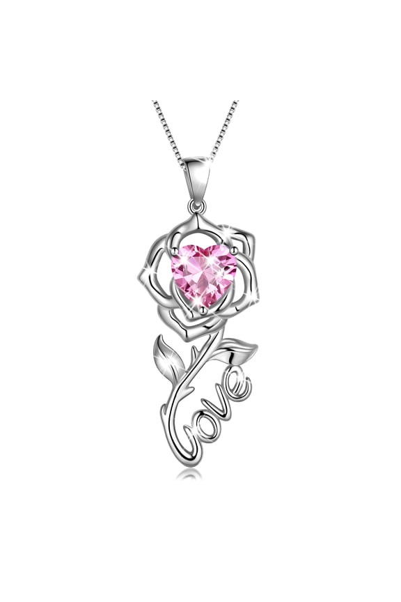 Rose Love Necklace,925 Sterling Silver Birthstone Pendant Necklace Jewelry Birthday Christmas Valentines Mother's Day Gifts for Women Mom