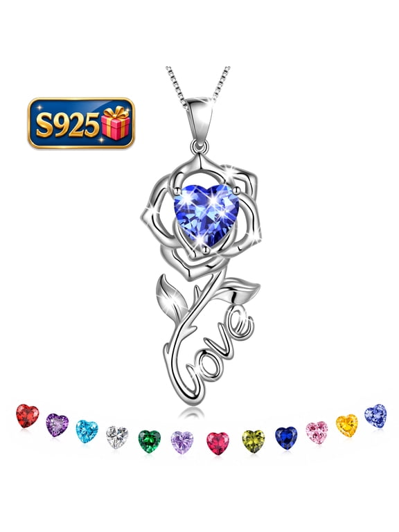 Rose Love Necklace,925 Sterling Silver Birthstone Pendant Necklace Jewelry Birthday Christmas Valentines Mother's Day Gifts for Women Mom