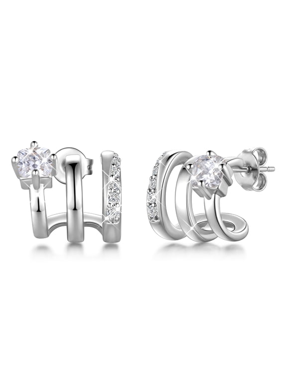 Silver Plated Earrings for Women,Ear Cuff Clip On & Stud Earrings Set,Small CZ Minimalist Earrings,Jewelry Gift for Wife Mom Girlfriend