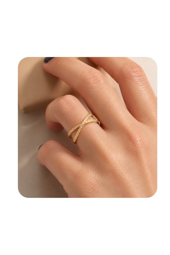 Stackable Rings for Women,18K Gold Plated X Ring with 5A Cubic Zirconia,Twisted Criss Cross Minimalist Rings,Adjustable Fashion Jewelry Gift for Wife Girlfriend Mom