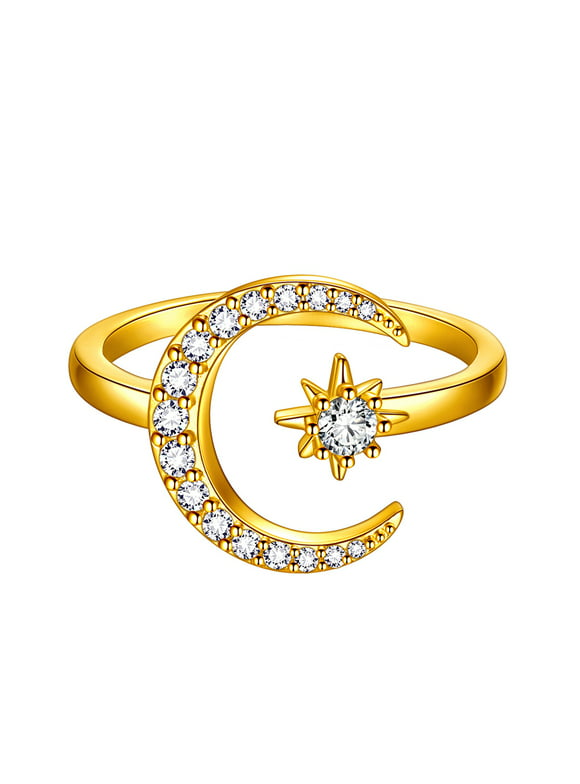 Beautlace Star and Moon Adjustable Rings,18K Gold Plated Crescent Moon Stars Open Ring Jewelry for Women
