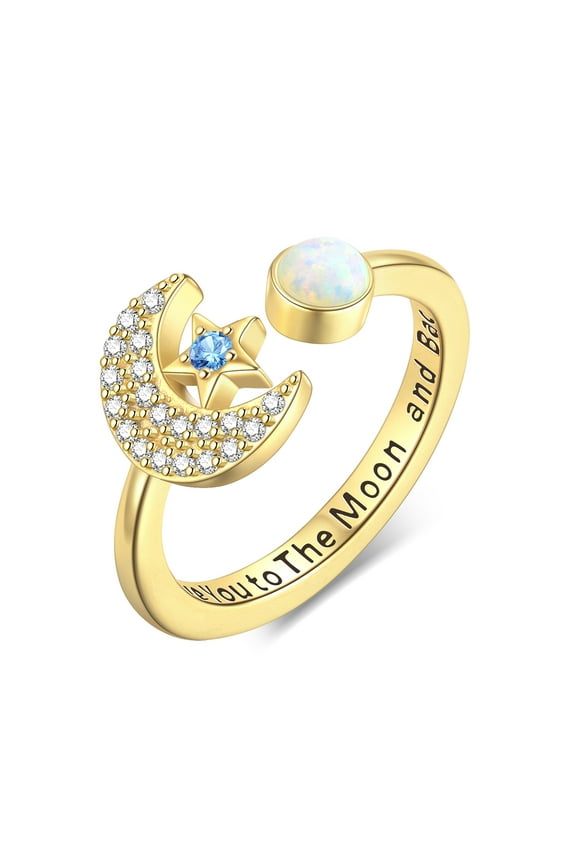 Star and Moon Adjustable Rings 925 Sterling Silver Opal Moon Open Ring Crescent Moon Statement Ring Gifts for Women
