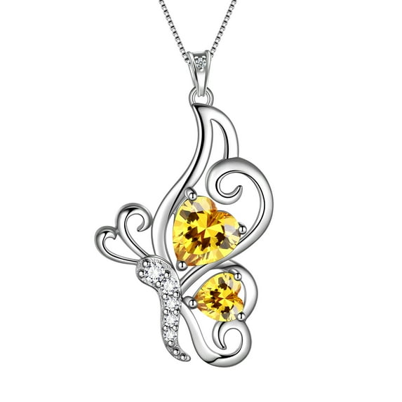 Beautlace Yellow Butterfly Heart Necklace,925 Sterling Silver Animal Butterflies November Created Citrine Birthstone Pendant Necklace Fine Jewelry Anniversary Birthday Christmas Gifts for Women