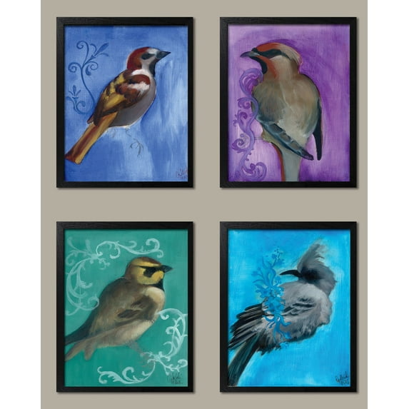 Beautul Framed Bird Study Set; Four 8x10in Black Framed Prints. Purple/Teal/Blue