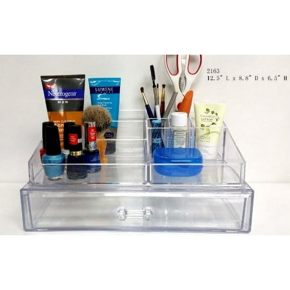 Beauty Acrylic Luxury Clear Case Acrylic Cosmetic, Jewelry Organizer with 1 Large Drawer 9 Compartments