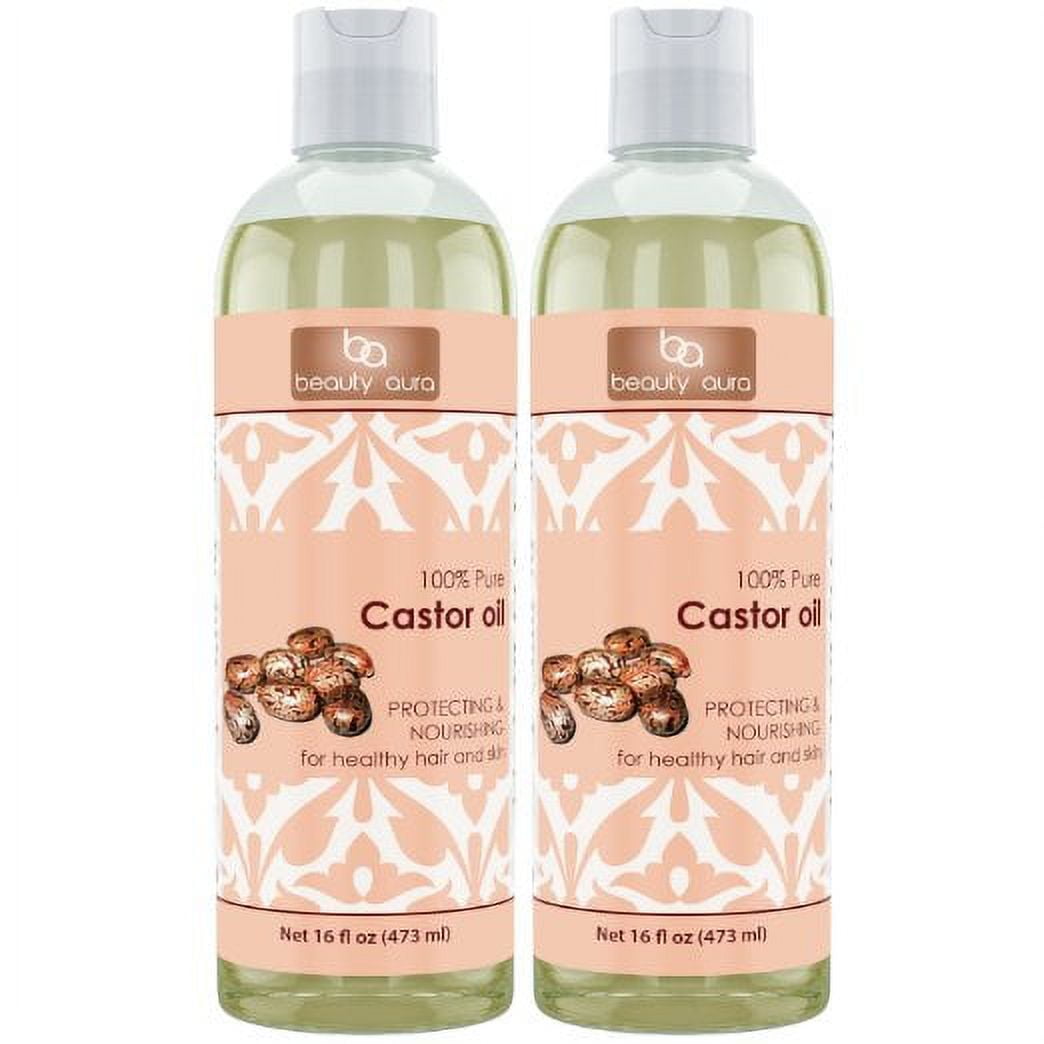 Beauty Aura Castor Oil - 16 fl oz (473 ml) - For Healthy Hair, Skin & Nails. ( Pack of 2 )