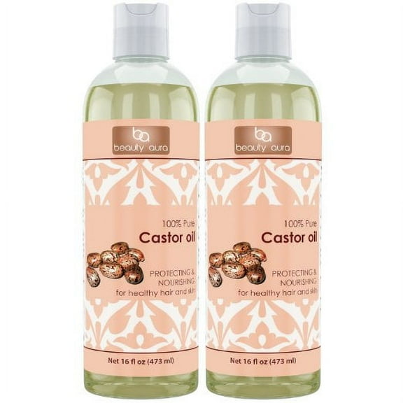 Beauty Aura Castor Oil - 16 fl oz (473 ml) - For Healthy Hair, Skin & Nails. ( Pack of 2 )