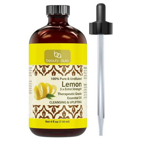 Beauty Aura 100% Pure Lemon (5 x extra Strength) Essential Oil 4 oz * Made from Real Lemon peels * Ideal for Aromatherapy & for DIY Products