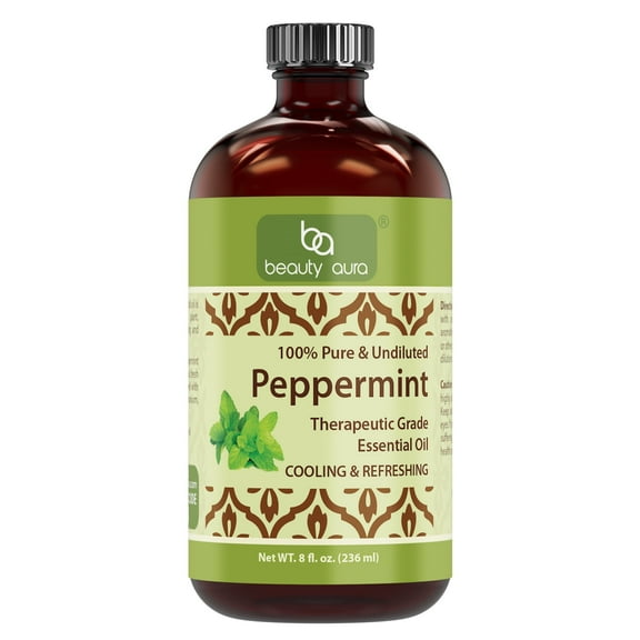 Beauty Aura 100% Pure Peppermint Essential Oil (Mentha Piperita) 8 Fl. oz | Best use with Oil Diffusers, Potpourri, and Wicking Fragrance Diffusers | Made in USA