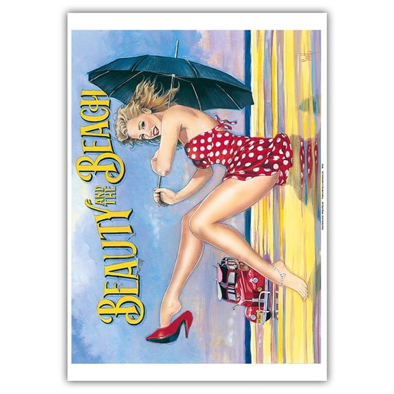 Beauty and the Beach - Retro Woodie with Surfboards and Pin-up Girl - From an Original Color Painting by Scott Westmoreland - Master Art Print 10in x 14in