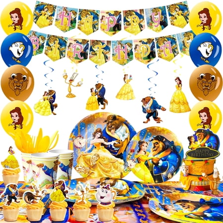 Beauty and Beast Party Supplies,117Pcs Beauty and Beast Birthday Decorations&Tableware Set-Beauty and Beast Birthday Party Plates Tablecloth Balloons Banner etc Beauty and Beast Decoration