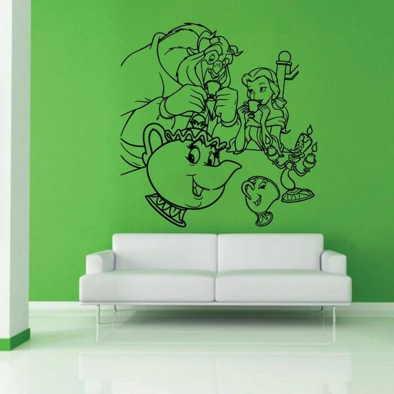 Beauty Beast and Talking Objects Furnitures Beauty And Beast Portrait Silhouette Belle Disney Princess Disney Movie Vinyl Wall Art Sticker Decal Wall Decoration Home Kids Room Design Size (10x10 inch)