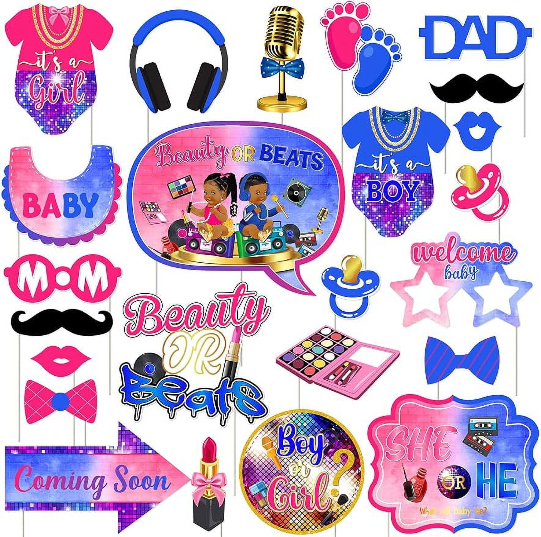 Beauty or Beats Gender Reveal Decorations - 24pcs Beauty or Beats Photo Booth Props, He or She Gender Reveal Decorations for 80s 90s Retro Disco Hip Hop Music Themed Baby Shower Supplies