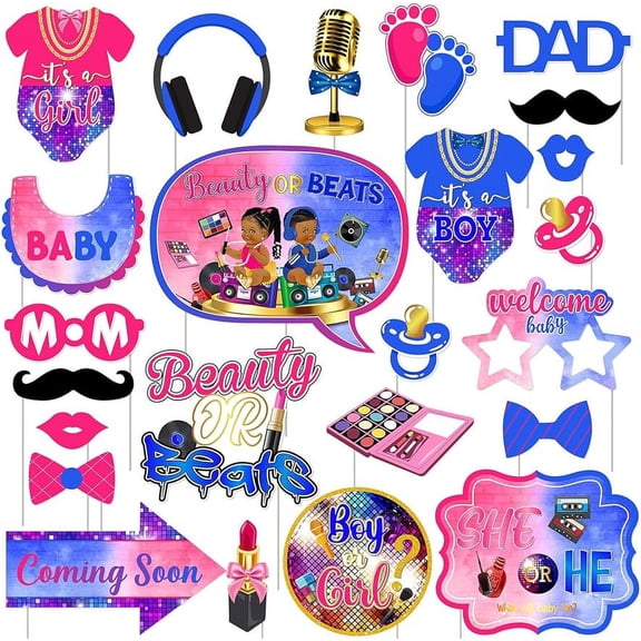 Beauty or Beats Gender Reveal Decorations - 24pcs Beauty or Beats Photo Booth Props, He or She Gender Reveal Decorations for 80s 90s Retro Disco Hip Hop Music Themed Baby Shower Supplies