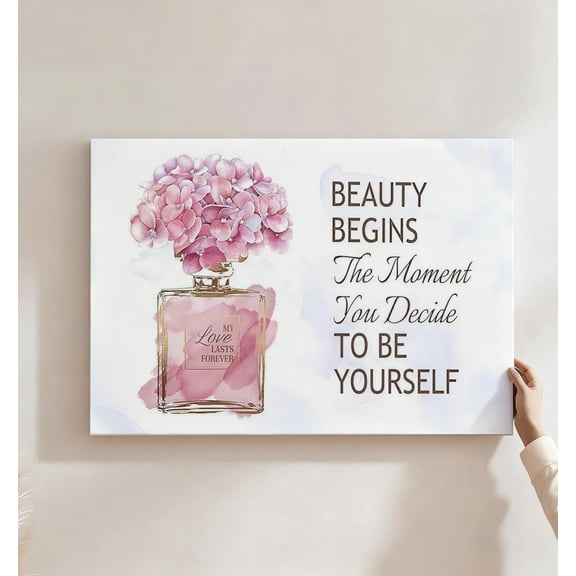 Beauty Begins Perfume Hydrangea Canvas Wall Art, Pink Watercolor Floral Decor, Self-Love Quote Artwork For Bedroom, Bathroom, Vanity, Ready To Hang