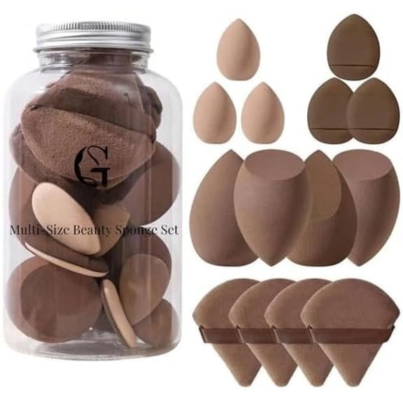 Beauty Blender Sponge Set 14 count - Multi-Size Makeup Sponges for Foundation, Liquid,  - Triangle Puffs, Mini Beauty Blender, Thumb  Puff,  & Wet or Dry Use (Brown)