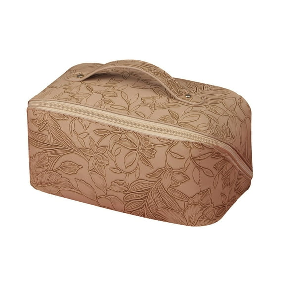Beauty Clearance Under $15 Women Portable Large Capacity Travel Cosmetic Bag Flat Big Makeup Bag With Handle And Divider Khaki