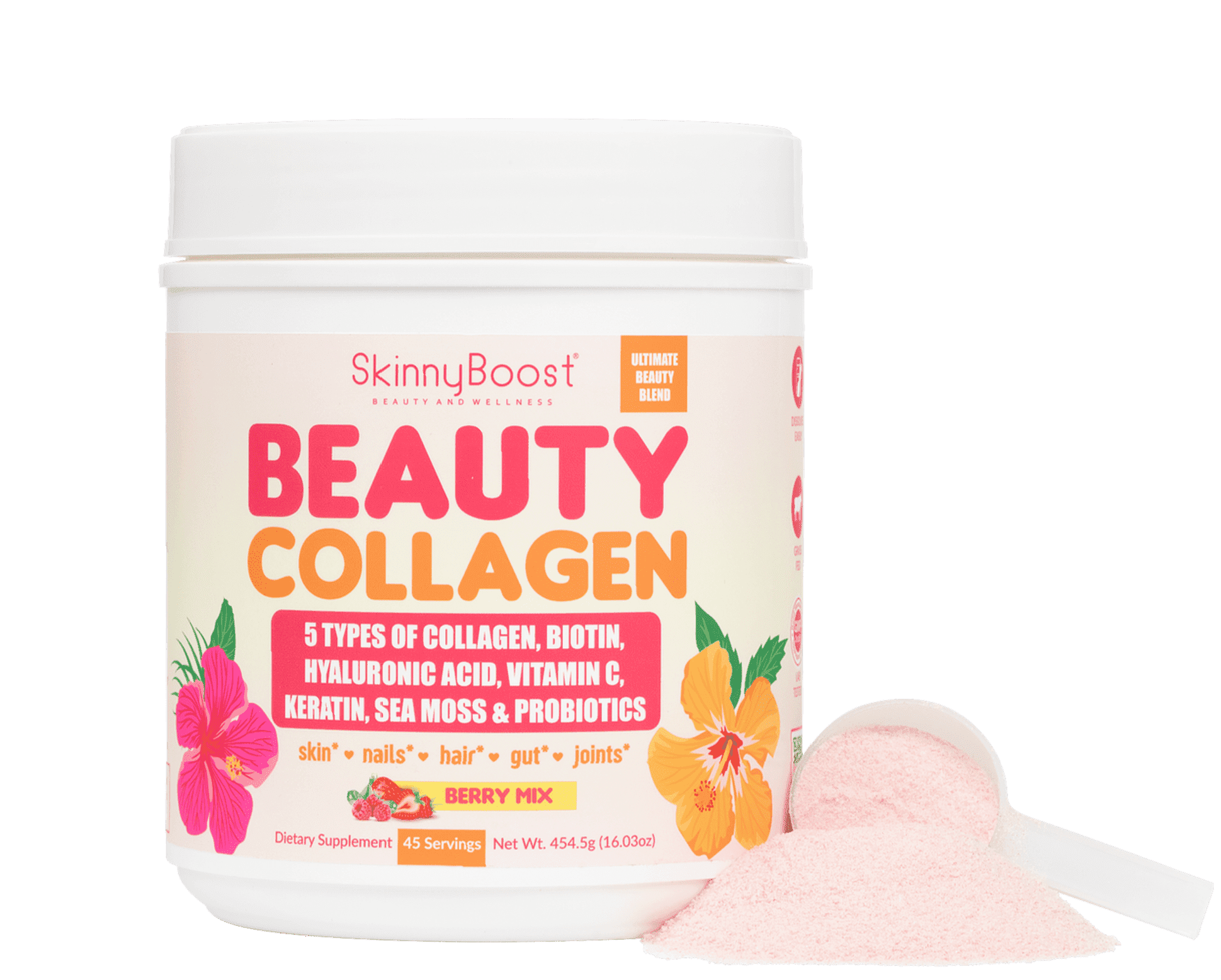 Beauty Collagen-Berry Mix Flavored-Ultimate Beauty Blend with 5 Types of Collagen, Sea Moss, Biotin, Keratin, Hyaluronic Acid, Vitamin C and Probiotics-All Natural, Made in USA -45 Servings