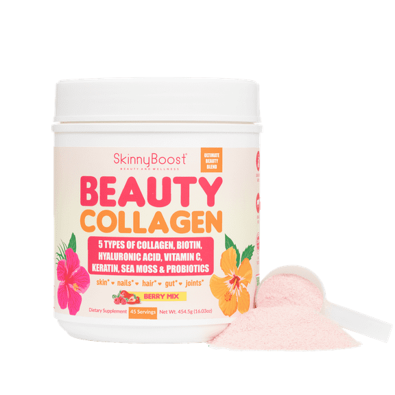 Beauty Collagen-Berry Mix Flavored-Ultimate Beauty Blend with 5 Types of Collagen, Sea Moss, Biotin, Keratin, Hyaluronic Acid, Vitamin C and Probiotics-All Natural, Made in USA -45 Servings